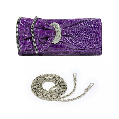 Evening Bag - 12 PCS - Ruffled Shinny Croc w/ Rhinestone Buckle - Purple - BG-618C-PL